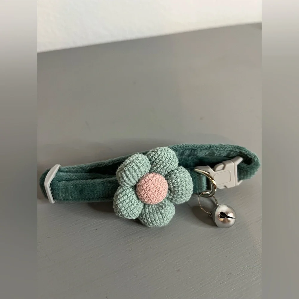Emerald Green Flower Cat Collar w/ Bell | Soft Velvet Adjustable Breakaway Kitty